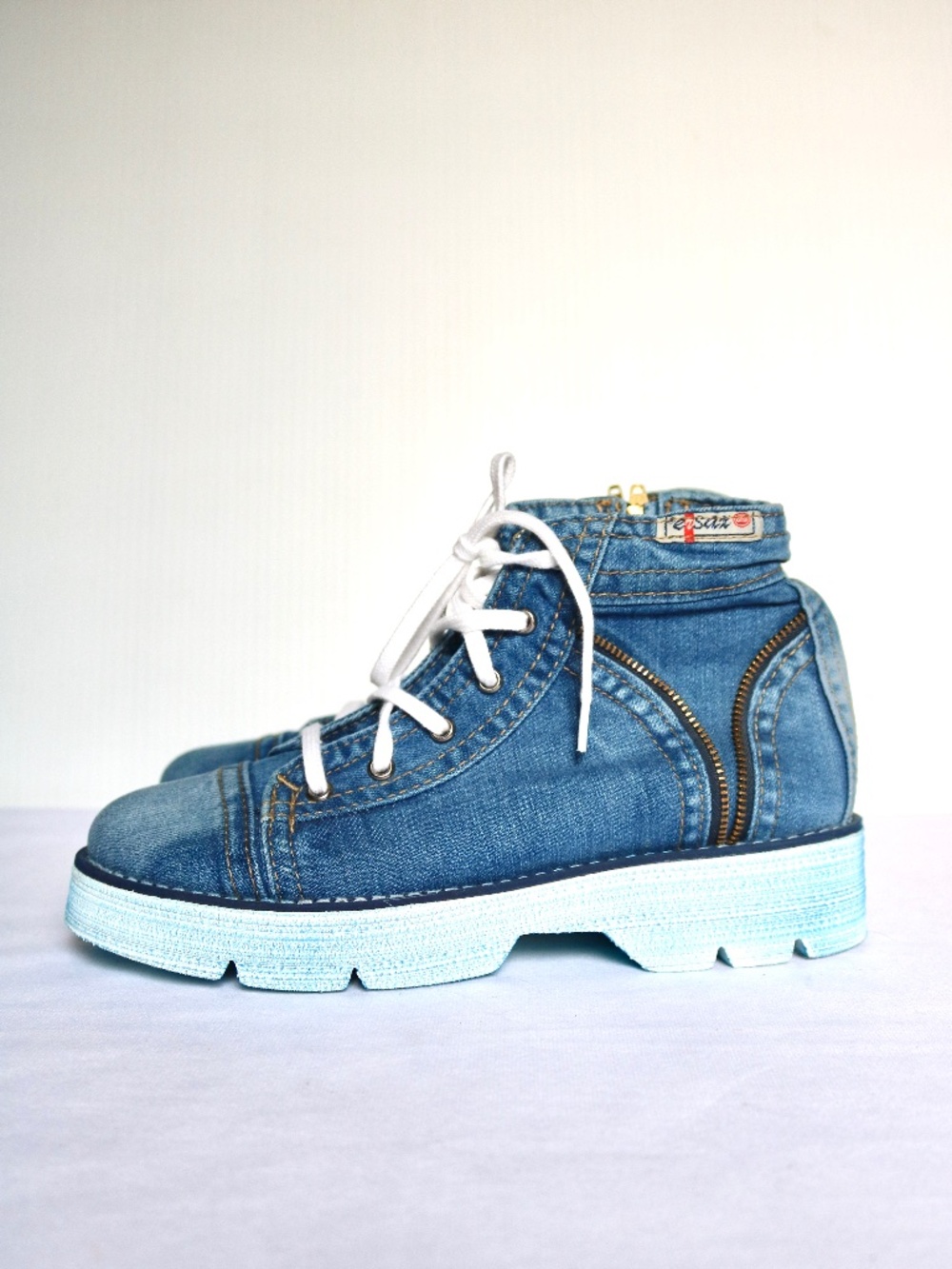 ERSAX Denim Lace Up Boots Women's Size 39 Blue Zippers Summer Fall